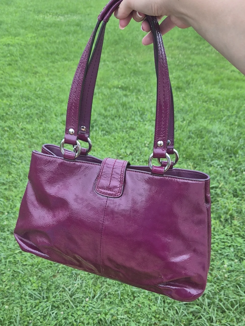 Coach Soho Plum Crinkle Patent Leather Large Buckle Tote Shoulder Bag